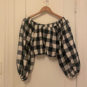 Honeydove Vintage Linen Puff Sleeve Top Blue Gingham Small